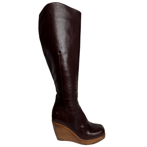 COSTUME NATIONALE UNIQUE VNT LEATHER/WOOD WEDGE BROWN BOOTS FALL Y2K EU36 - Picture 14 of 15